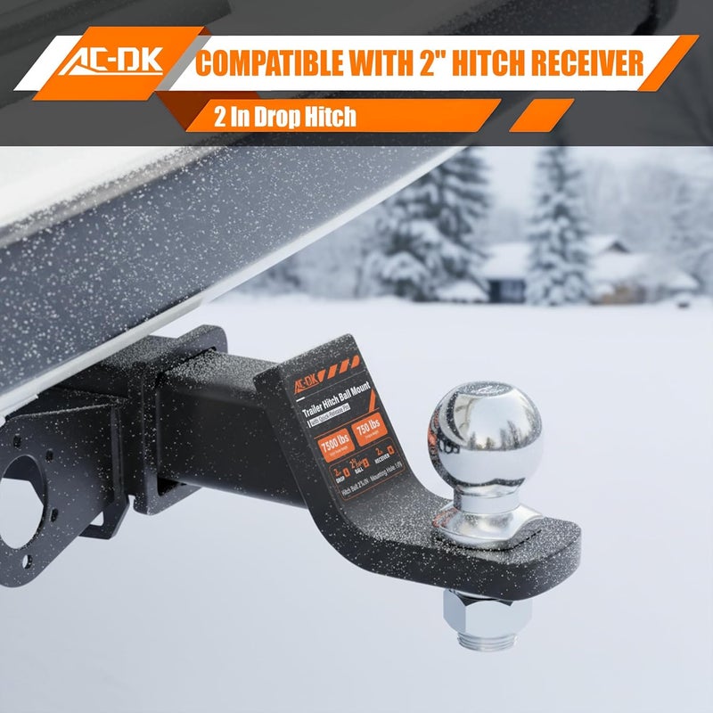 AC-DK Trailer Hitch Ball Mount for 2 inch Receiver,2 inch Drop Hitch,Tow Hitch with 2-5/16 inch Ball and Hitch Pin,7,500 lbs Capacity Ball Hitch, 750lbs Tongue Weight - Image 5